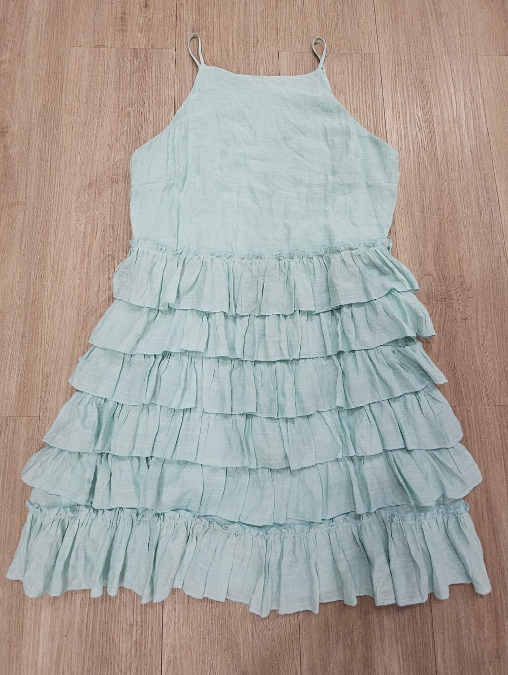 She + Sky Mint Green Tiered Ruffle Halter Mini Dress Large NWOT